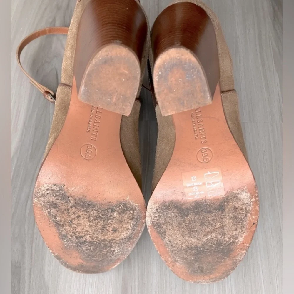 All Saints Victoria Brown Suede Ankle Boots 8.5 EU 39.5 Buckle Heel Distressed